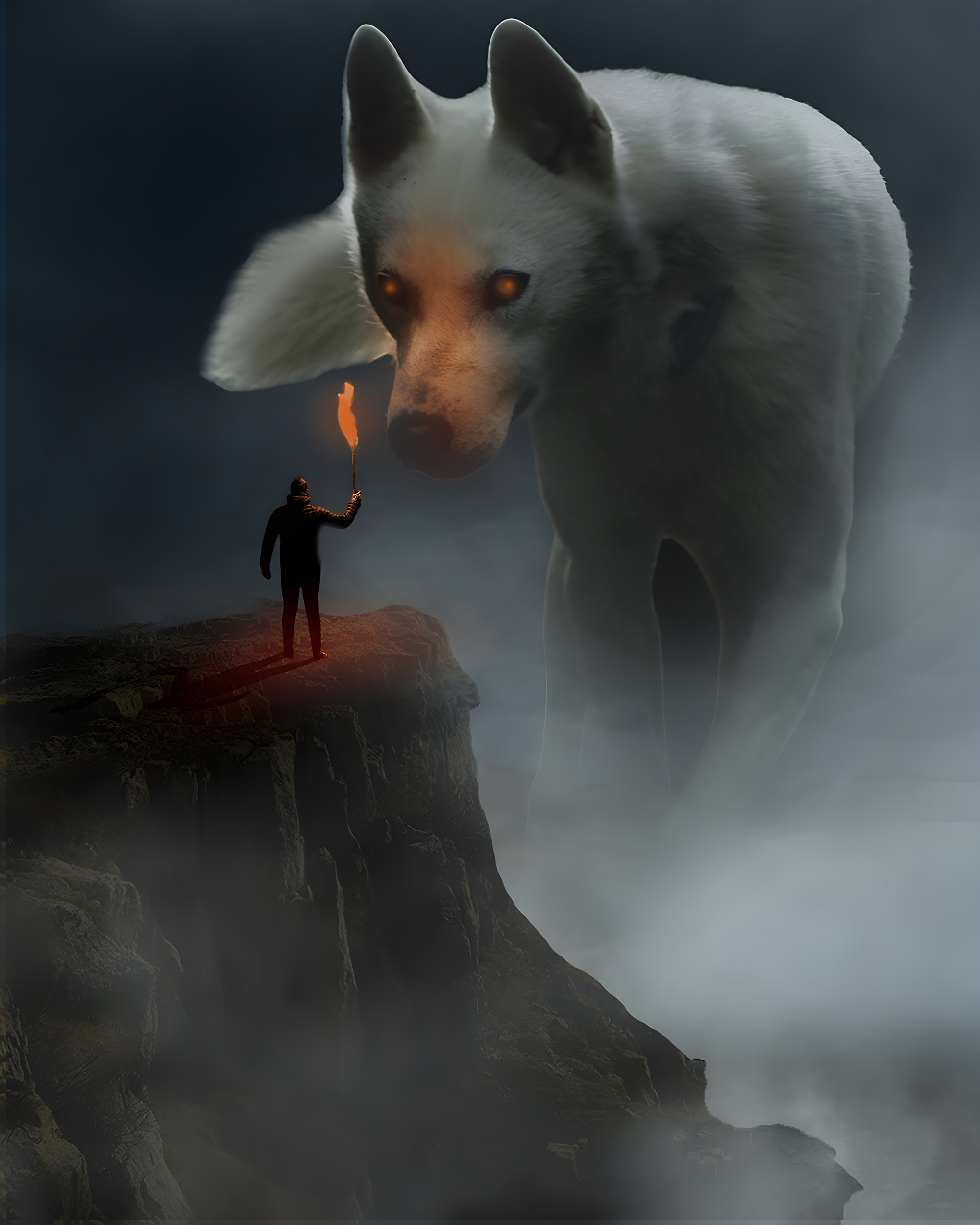 A man stands on a cliff, watching the view, while a fox is seen in the distance.