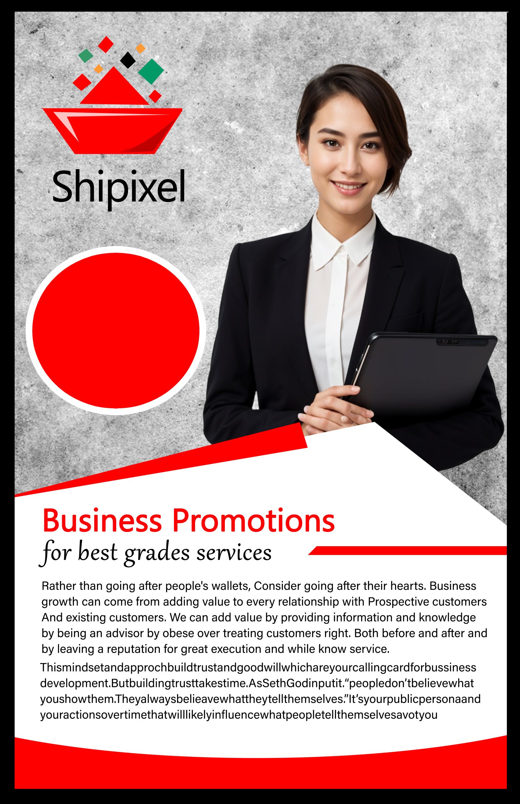 Business promotion flyer showcasing services and contact information, designed to attract potential clients and boost sales.